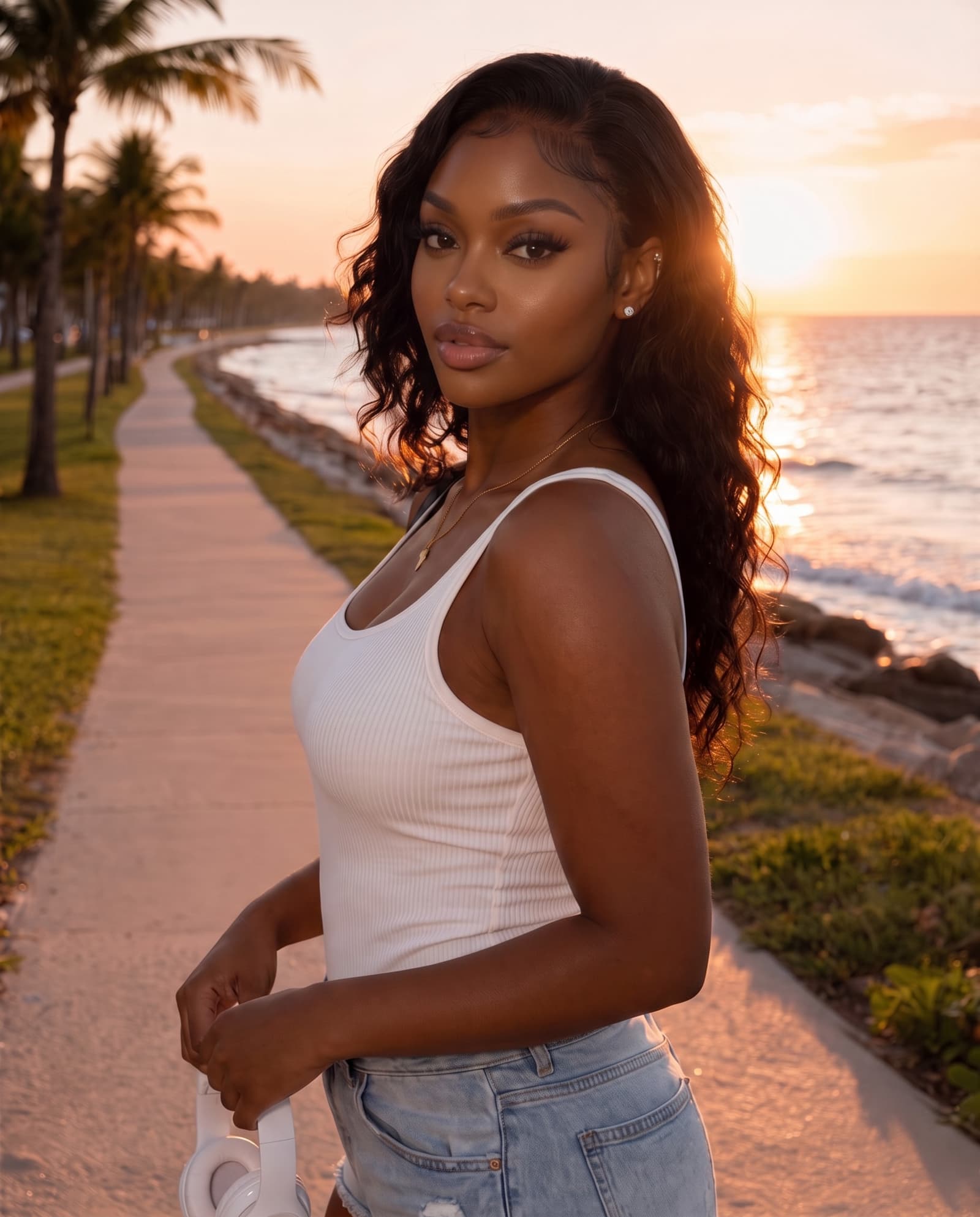 Imani on the seaside path at South Pointe Park, at the southern tip of Miami Beach, at sunset