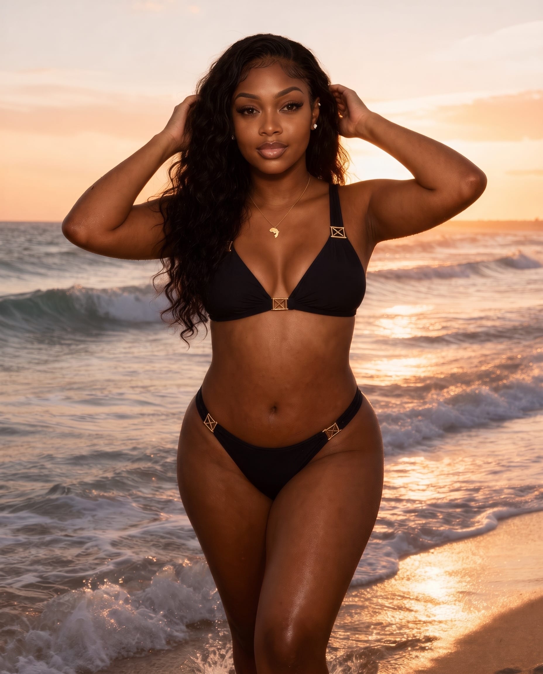 Imani walking out of the ocean at sunset, pushing back her wet hair