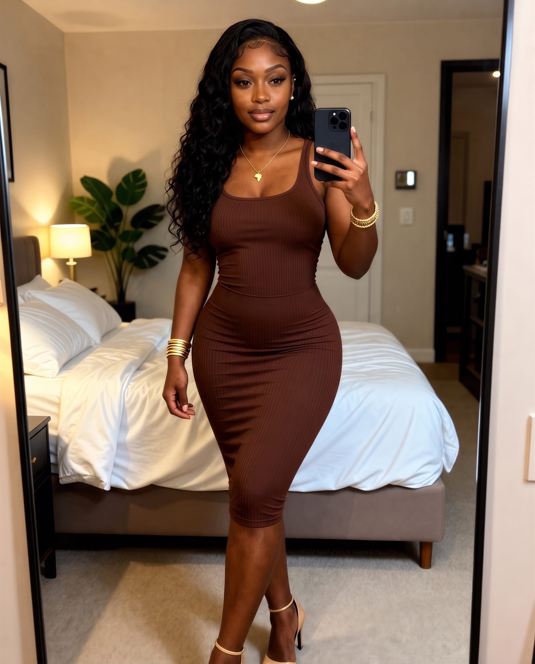 Mirror selfie of Imani in a brown ribbed bodycon dress