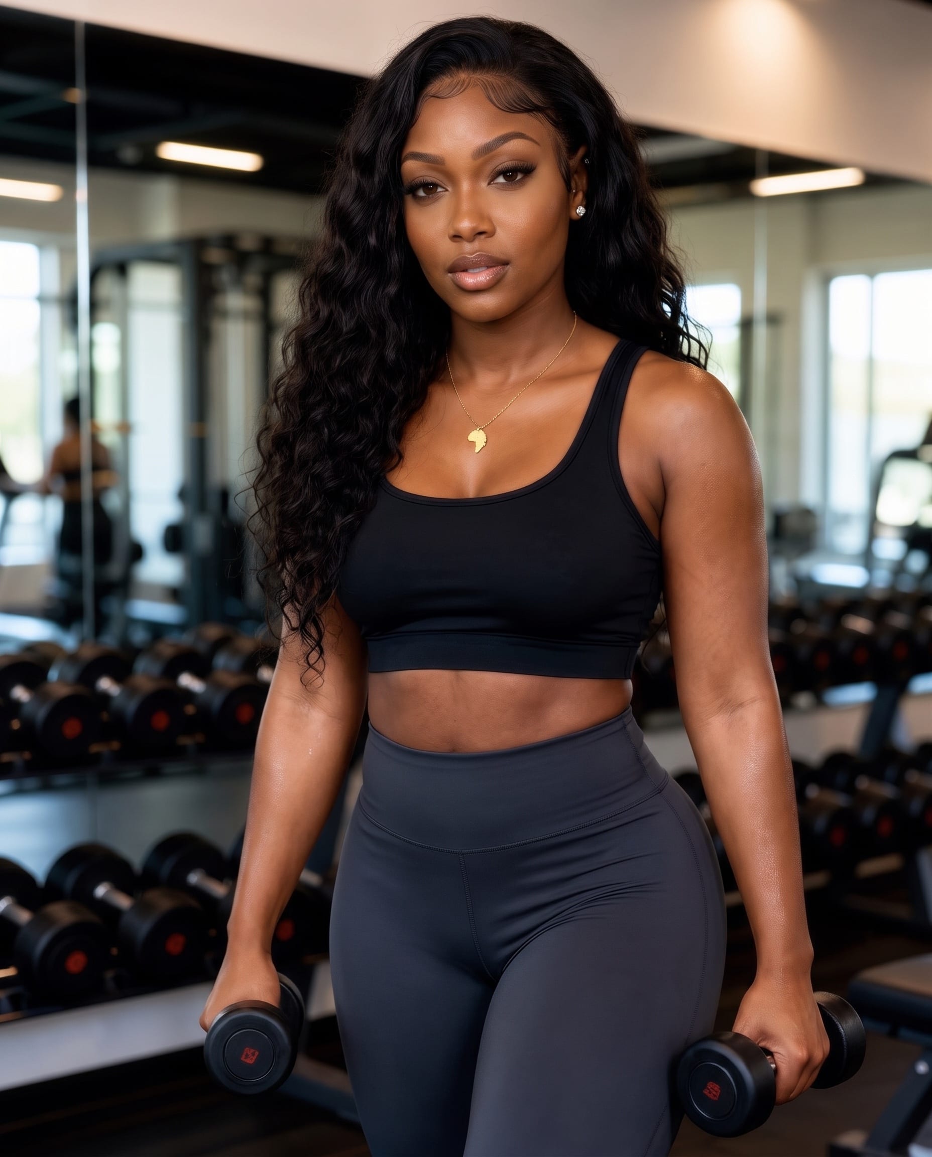 Imani in black activewear holding dumbbells in a gym