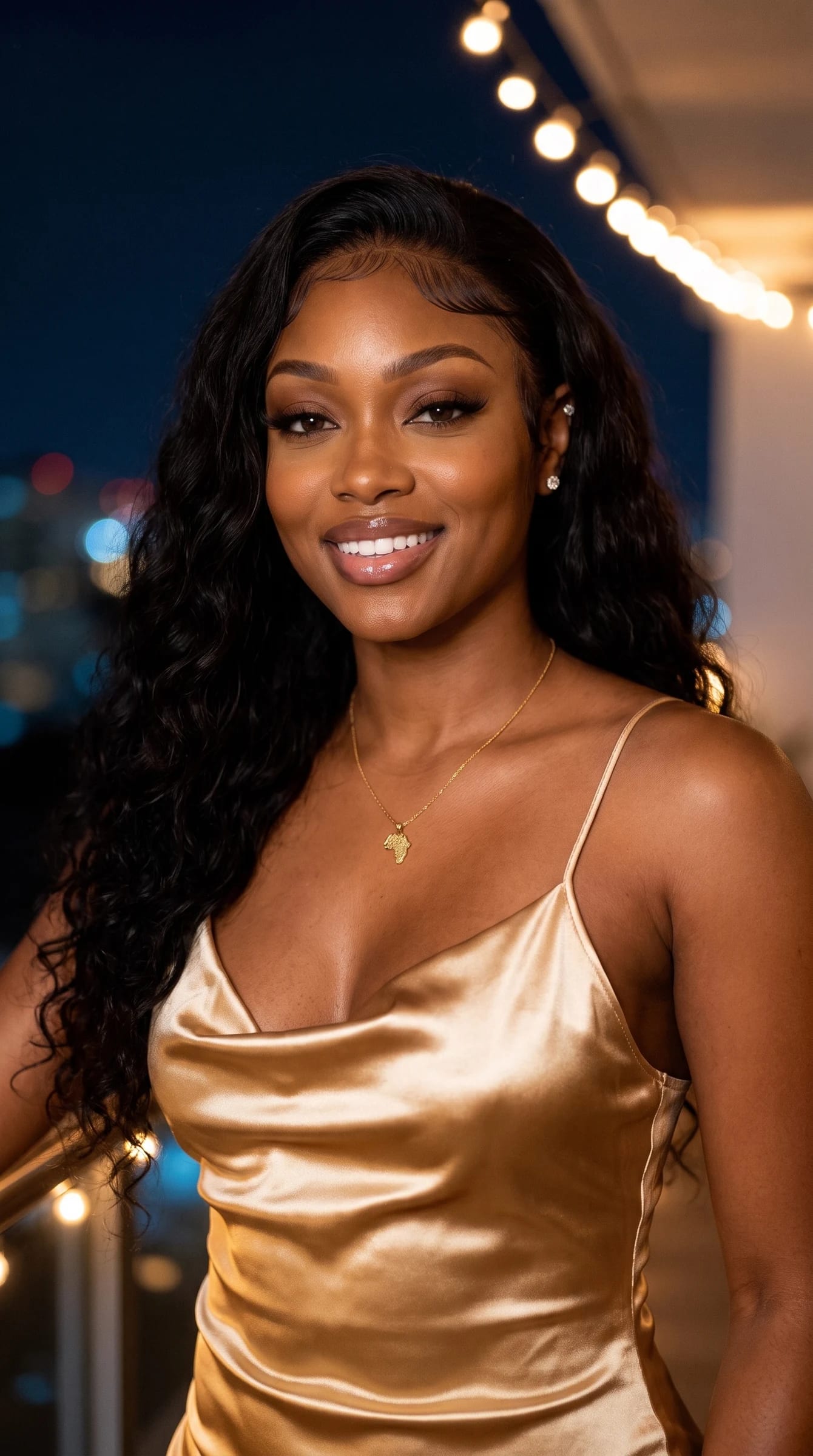 Imani on a Miami rooftop at night in a champagne satin slip dress under string lights