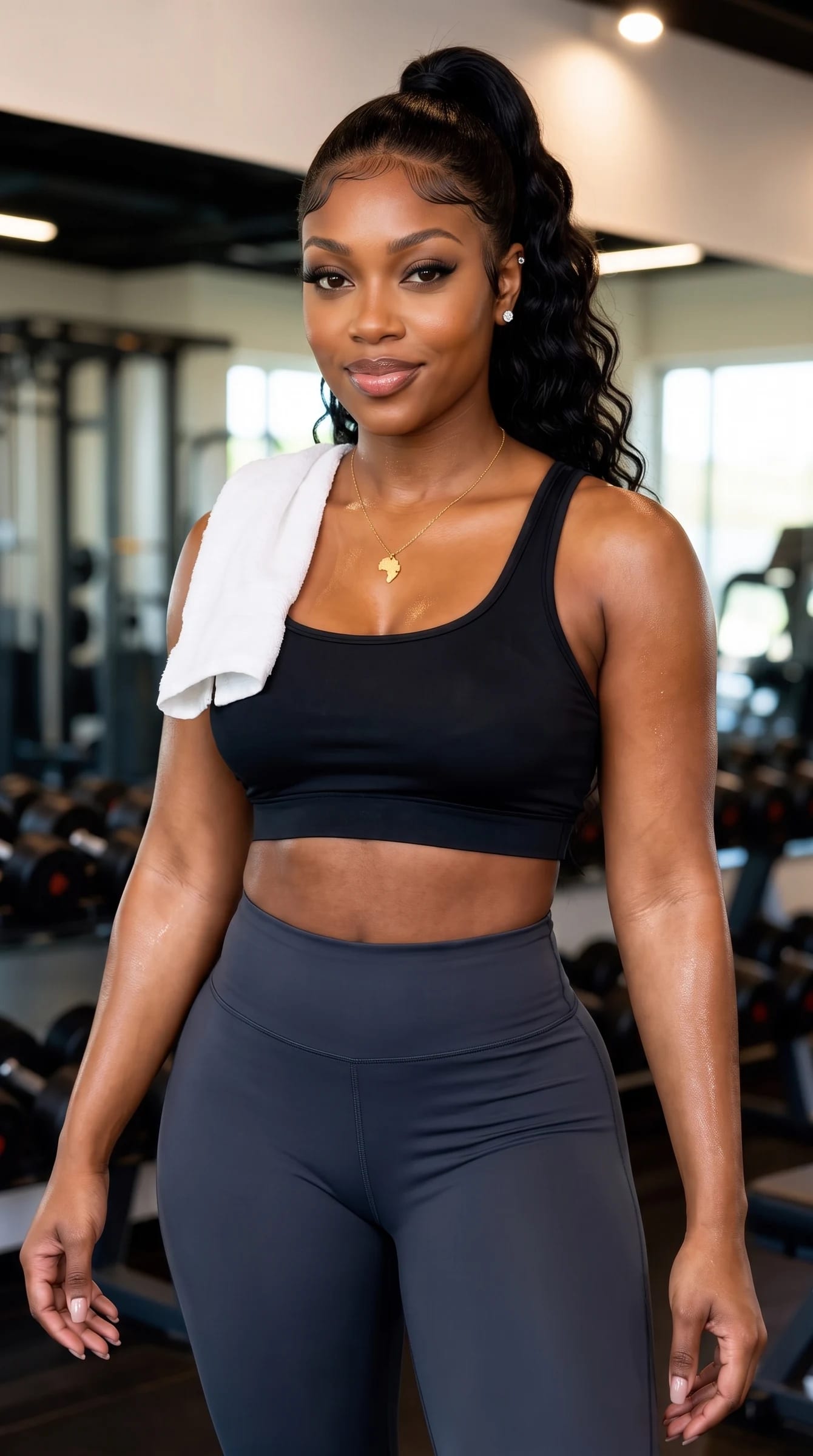 Imani in the gym after a workout with a towel over her shoulder