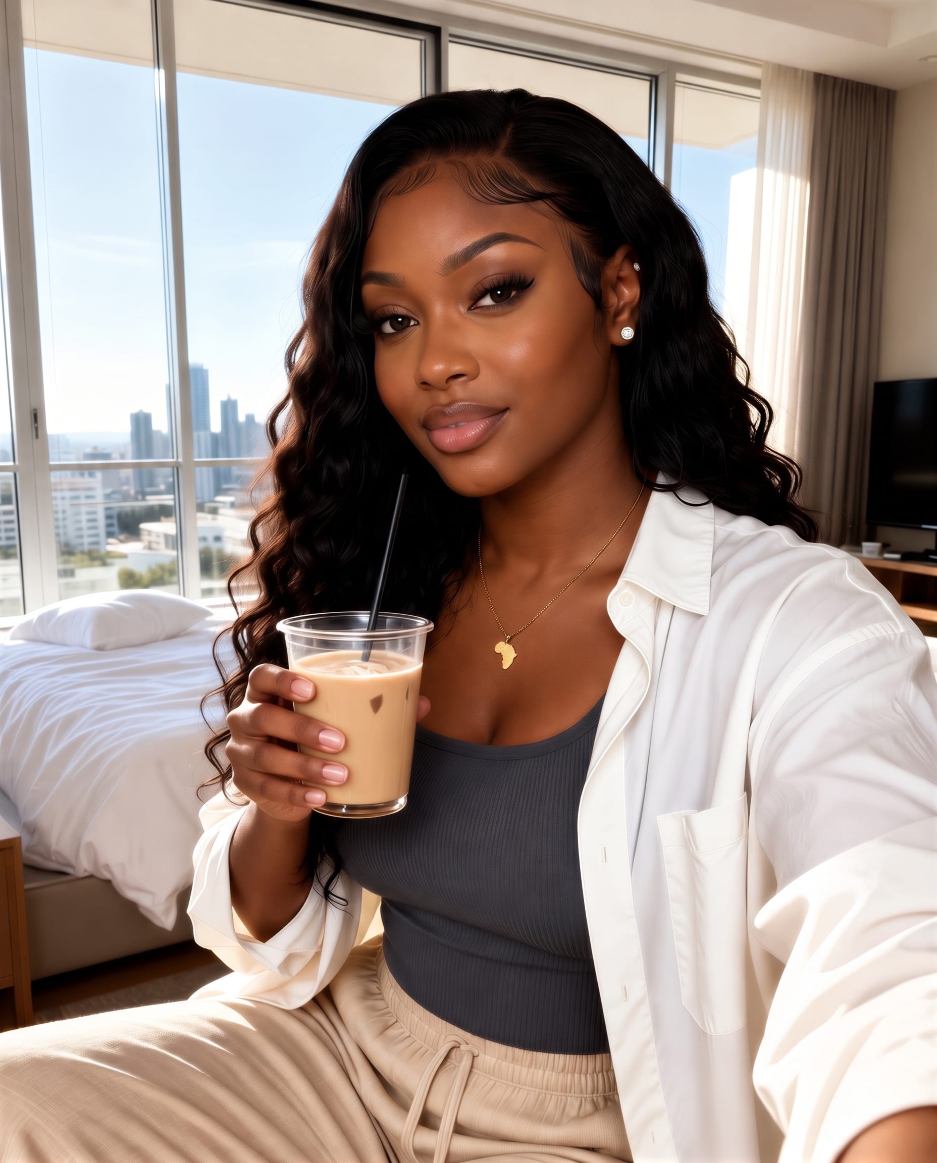 Morning selfie of Imani by her Brickell window with an iced latte