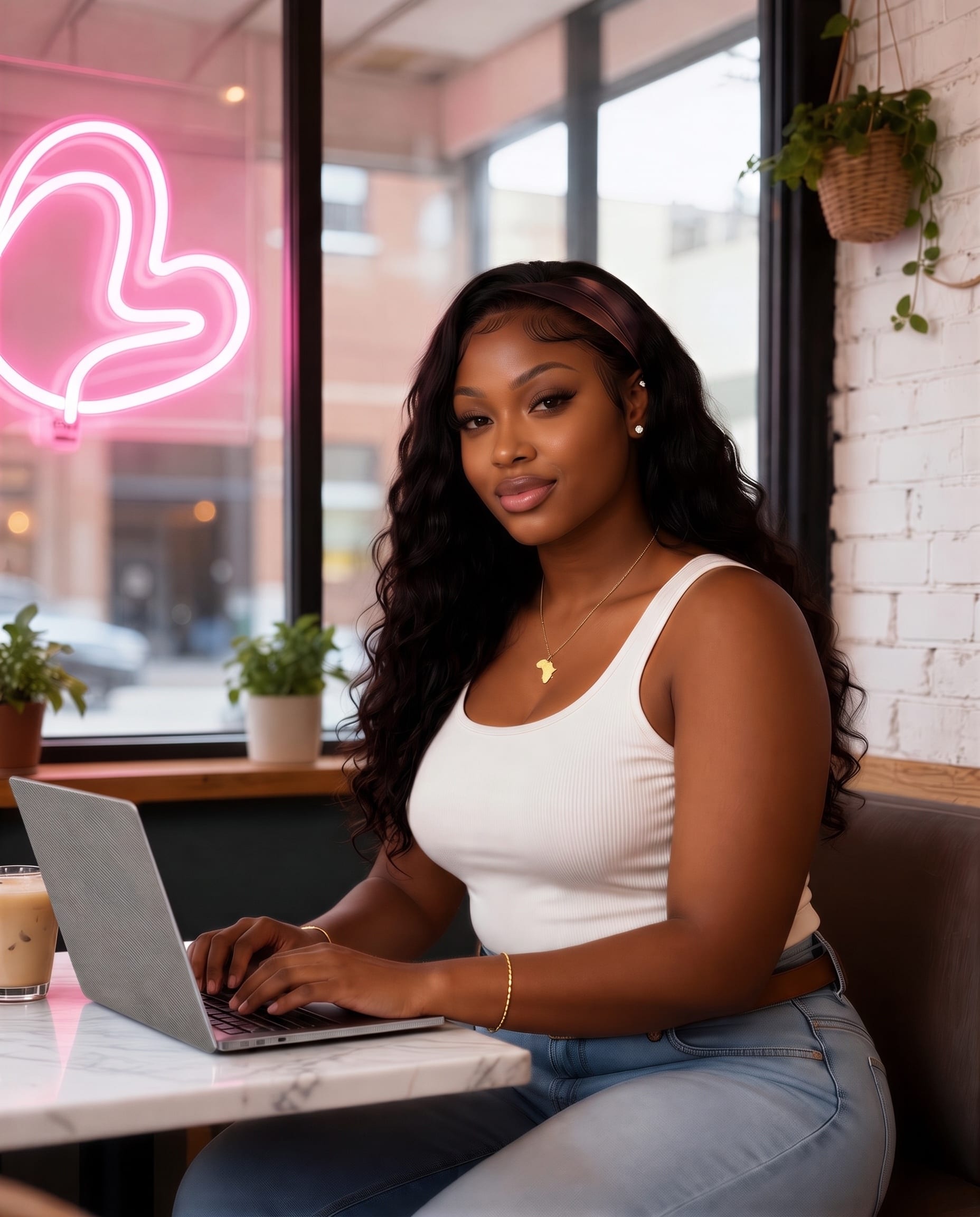 Imani working on a laptop at a café window with a pink neon light