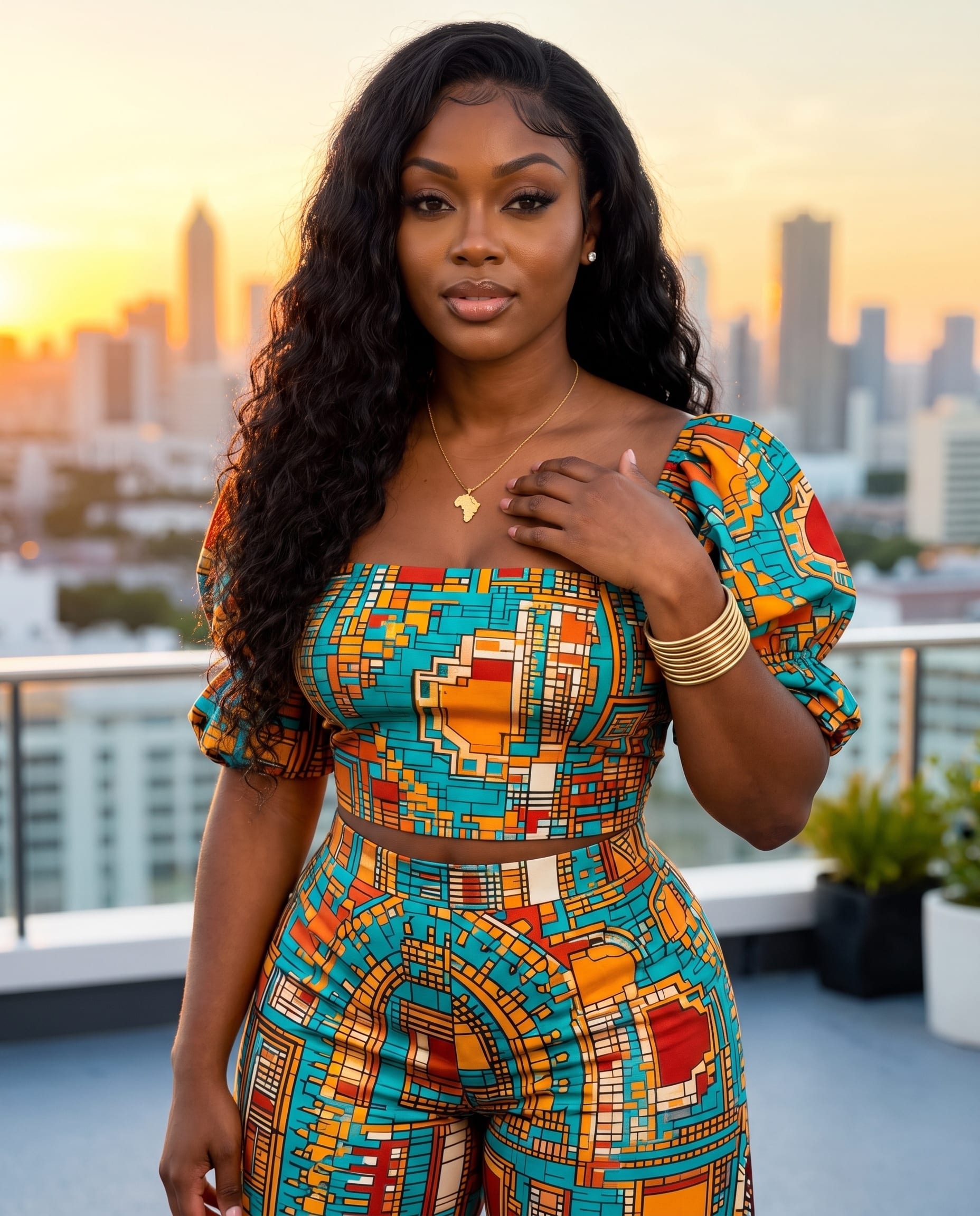 Imani wearing an African wax-print two-piece at sunset