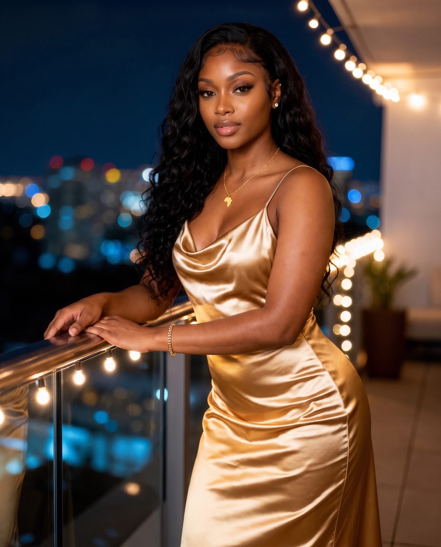 Imani in a gold satin dress on a rooftop at night