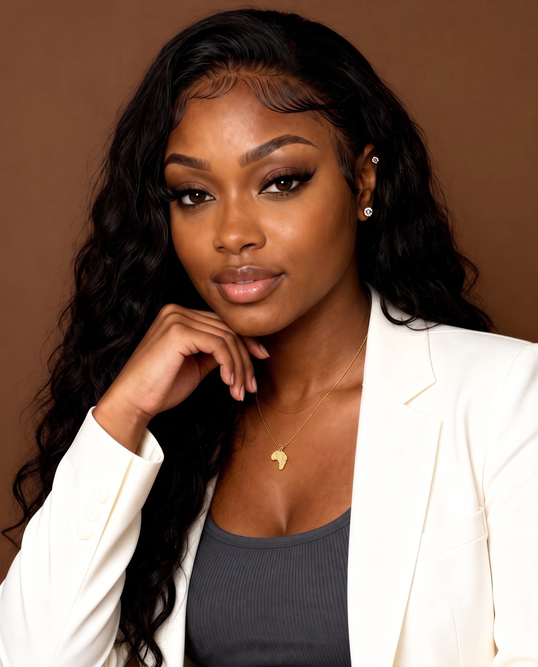 Studio beauty portrait of Imani in an ivory blazer