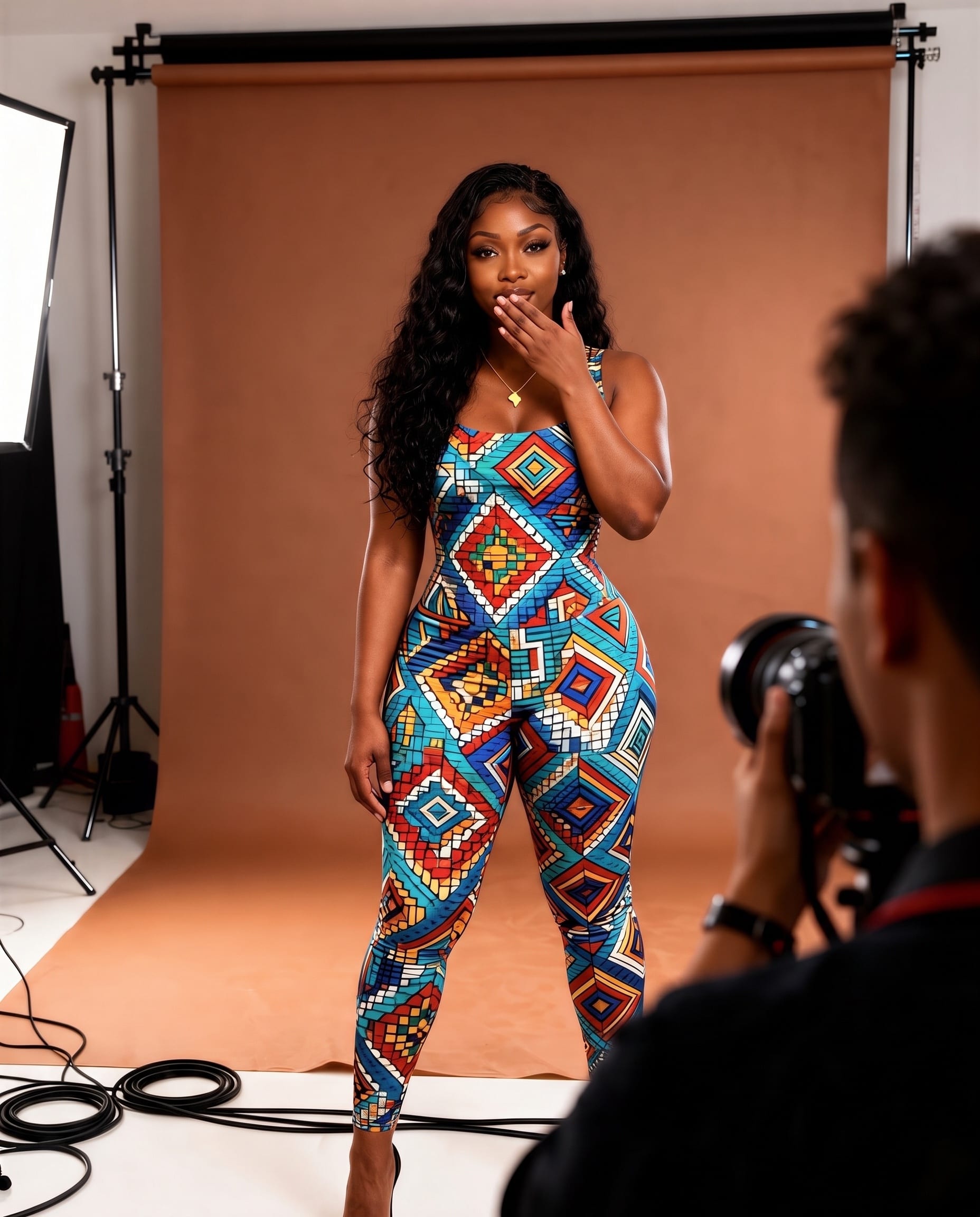 Behind the scenes of a studio shoot with Imani in a wax-print set
