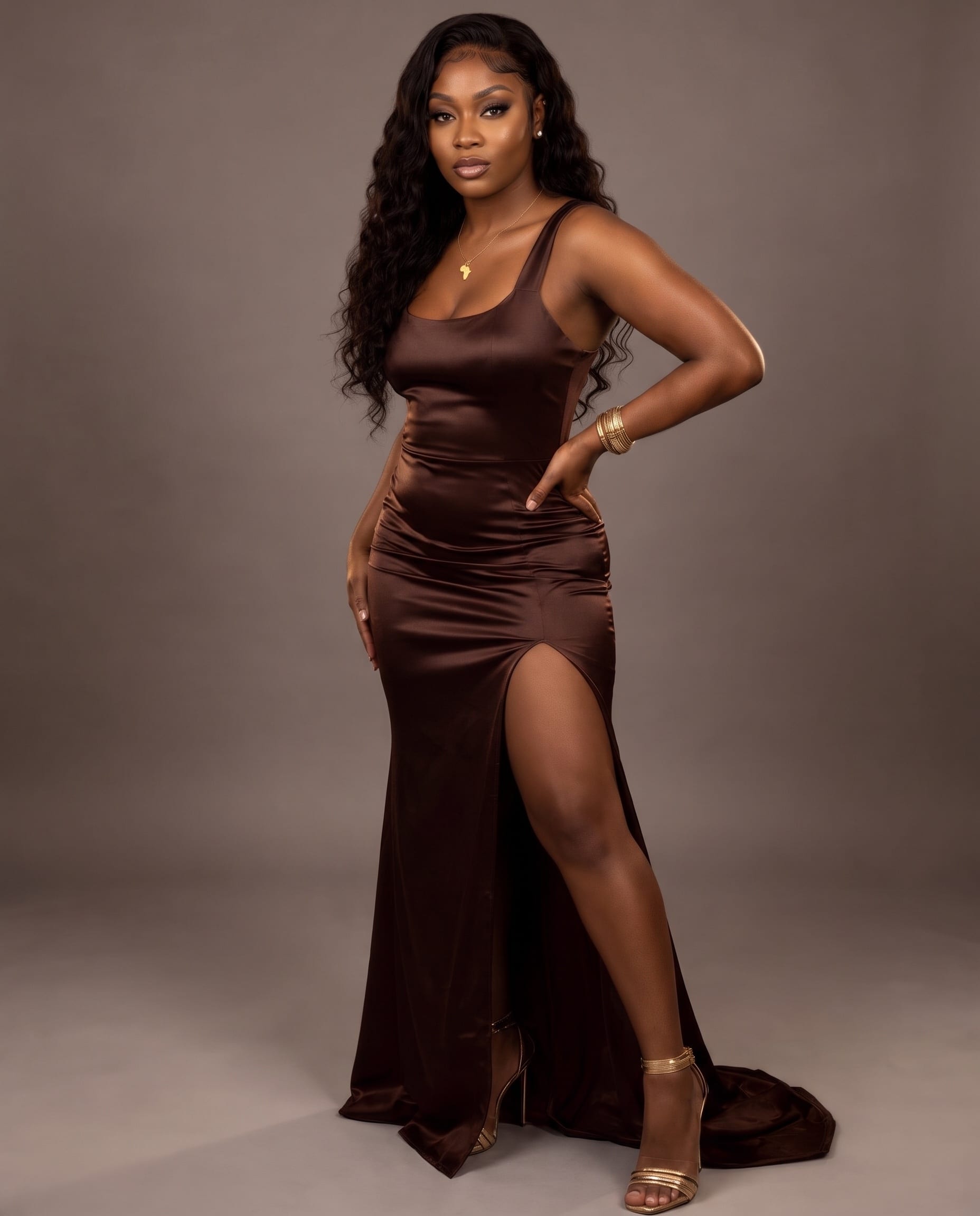 Imani in an espresso satin gown
