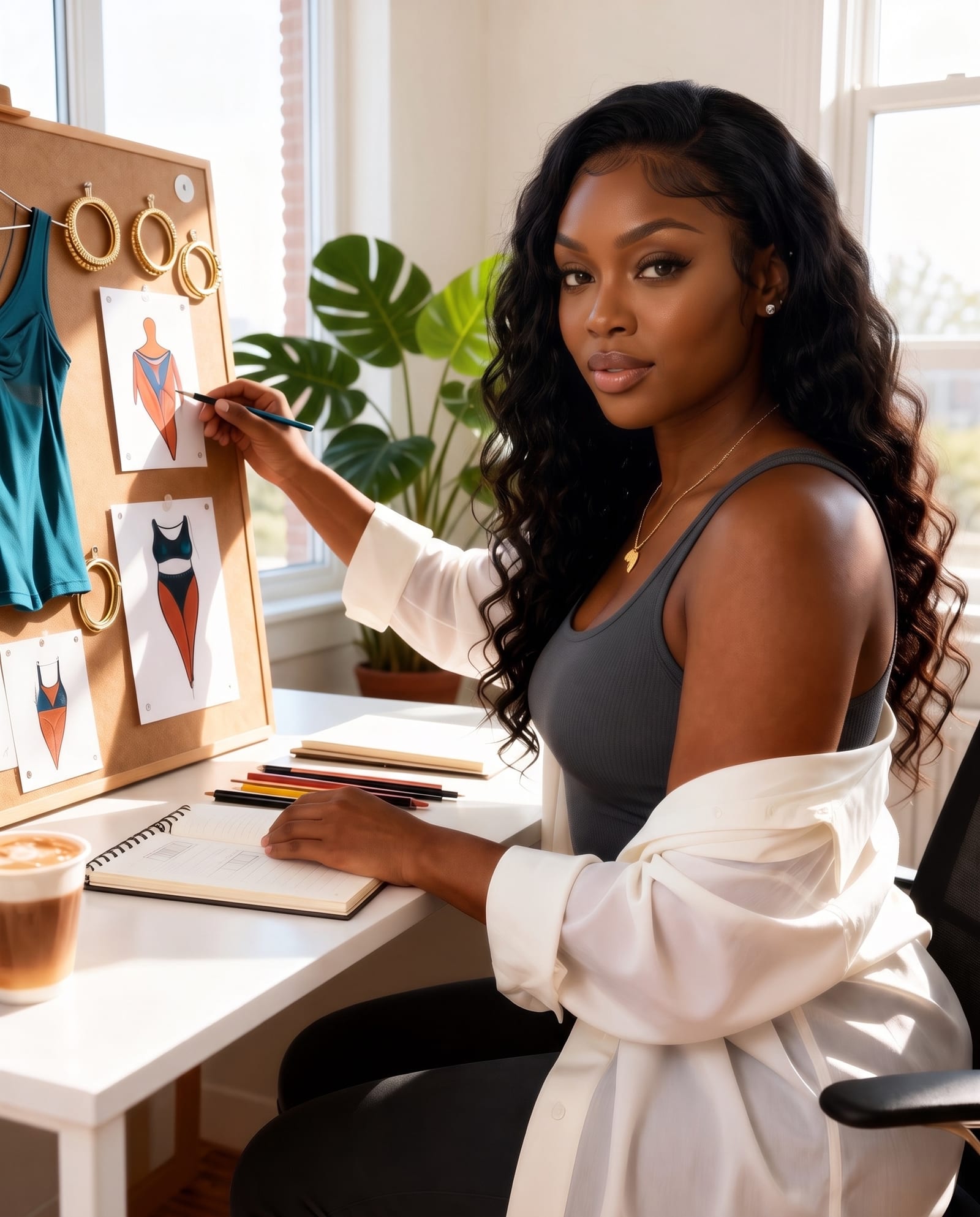 Imani pinning swimsuit sketches to a mood board for her label